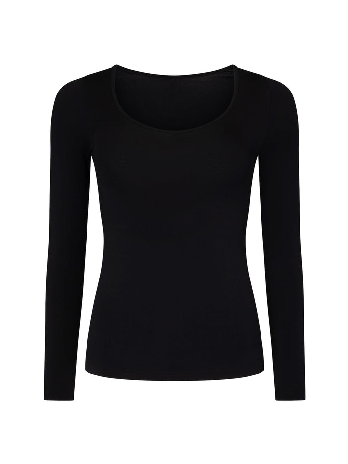 Black long-sleeve v neck shirt on a white background