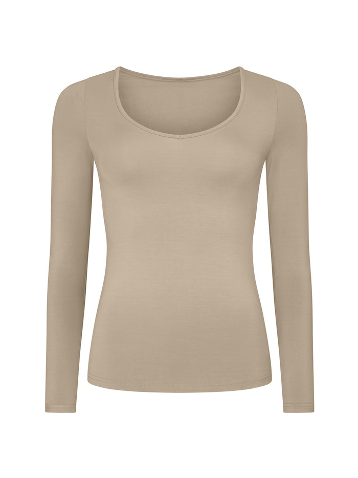 Bamboo V-Neck Long Sleeve Tee - Caramel