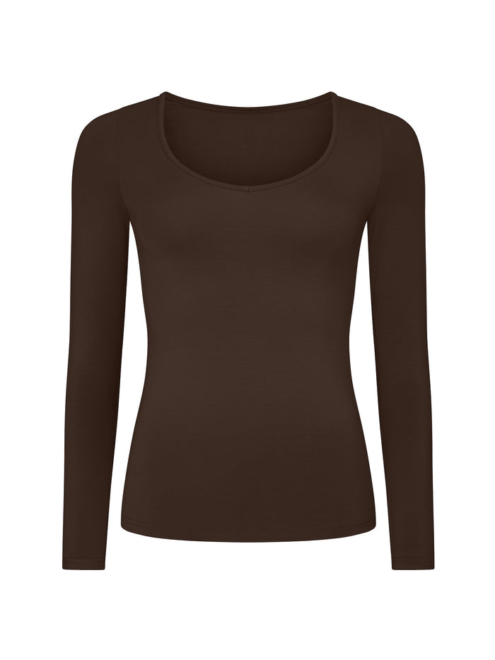 Cocoa brown long-sleeve v neck shirt on a white background