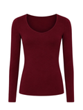 A long-sleeve vee scoop neck top in deep burgundy, displayed on a clean white background.