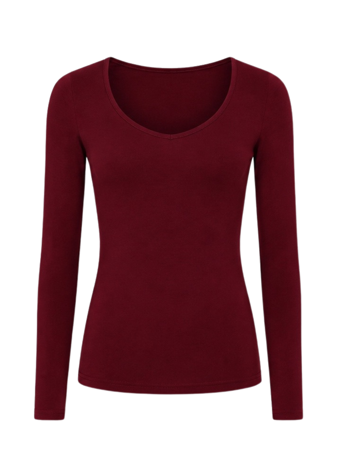 A long-sleeve vee scoop neck top in deep burgundy, displayed on a clean white background.