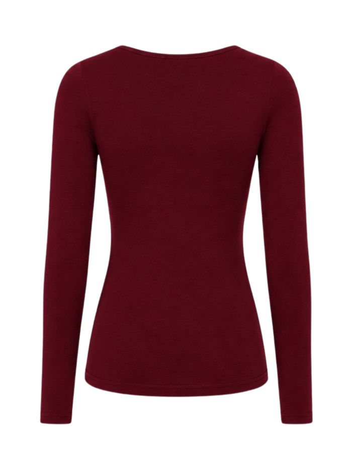 A long-sleeve nee neck top in deep burgundy, shown from the back on a plain white background.