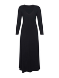 black maxi wrap dress with a cross over plunge neckline, long fitted sleeve, mid calf length, women's bamboo clothing