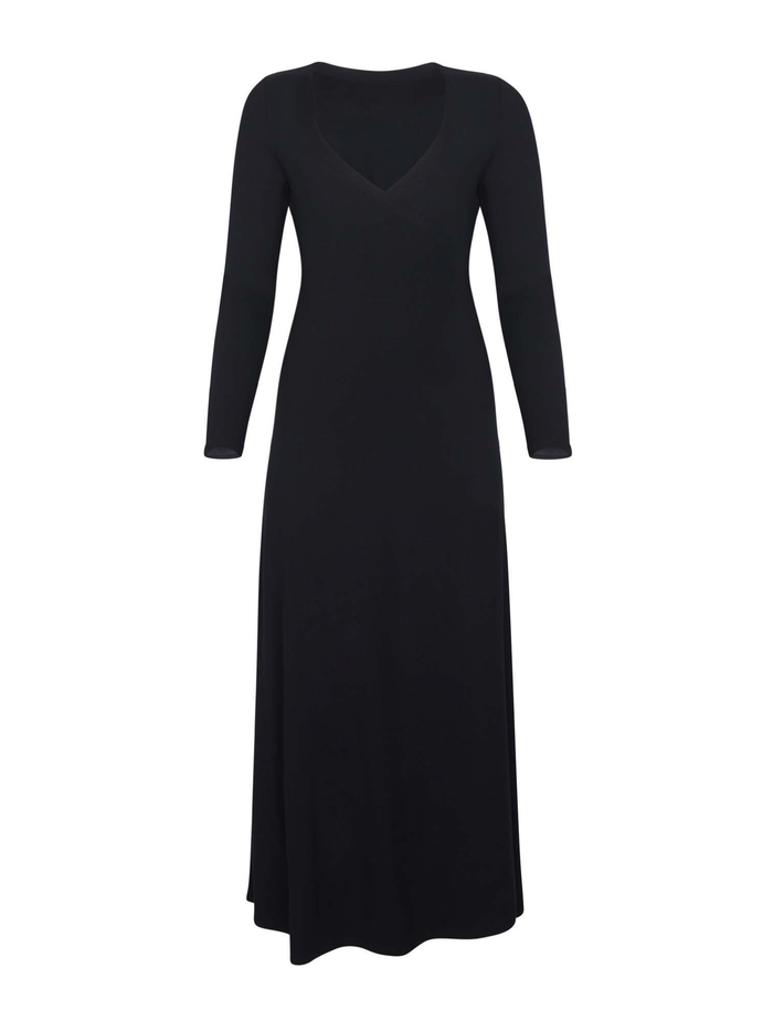 black maxi wrap dress with a cross over plunge neckline, long fitted sleeve, mid calf length, women's bamboo clothing