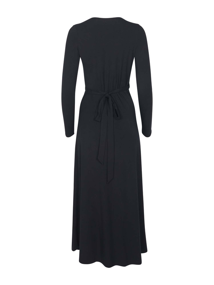 black maxi wrap dress with a cross over plunge neckline,long fitted sleeve, mid calf length, women's bamboo clothing