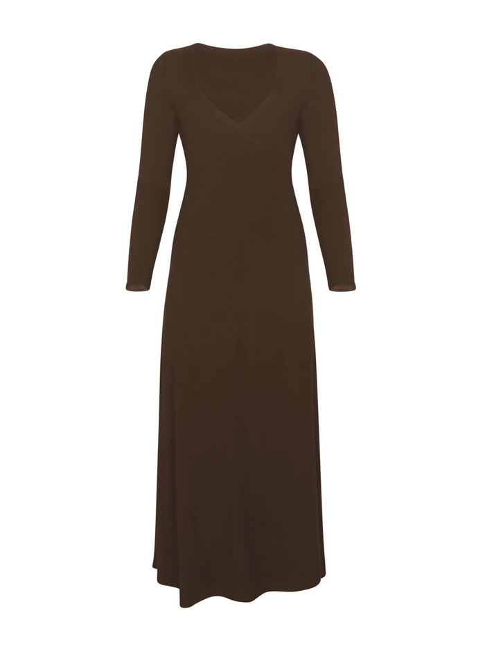 cocoa brown maxi wrap dress with a cross over plunge neckline,long fitted sleeve, mid calf length, women's bamboo clothing