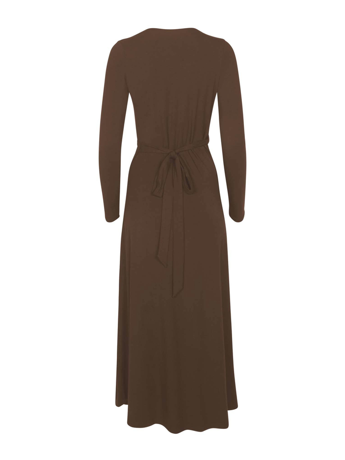 cocoa brown maxi wrap dress with a cross over plunge neckline,long fitted sleeve, mid calf length, women's bamboo clothing