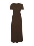 cocoa brown maxi wrap dress with a cross over plunge neckline, short fitted sleeve, mid calf length, women's bamboo clothing