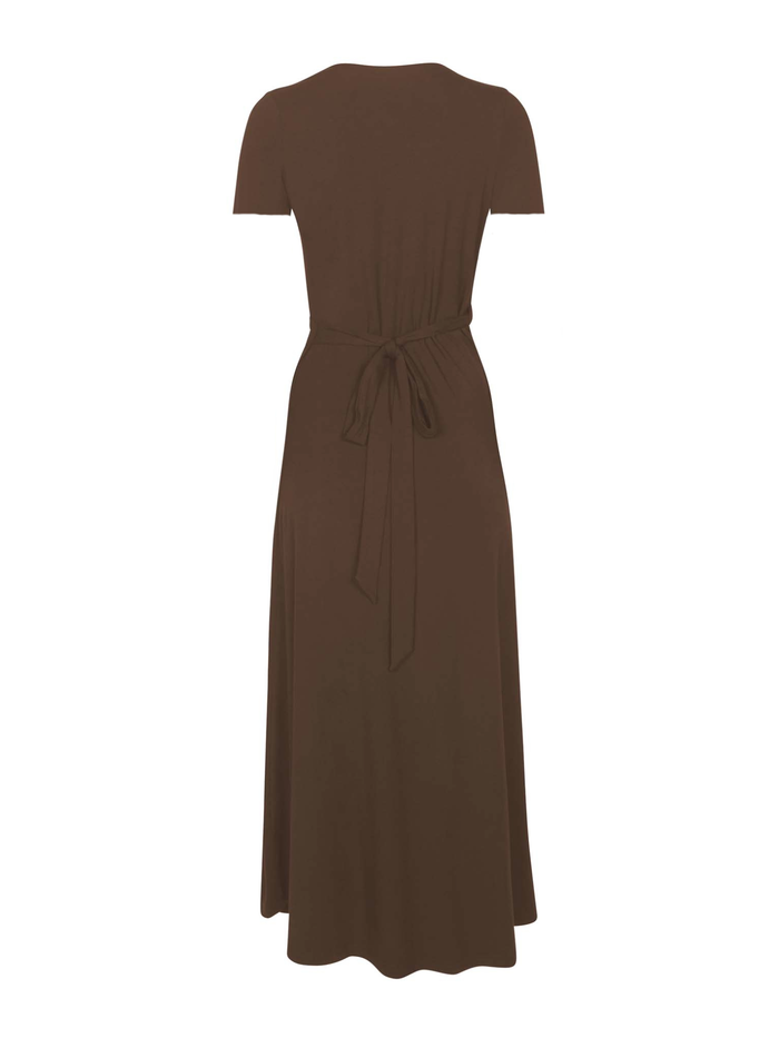 cocoa brown maxi wrap dress with a cross over plunge neckline, short fitted sleeve, mid calf length, women's bamboo clothing