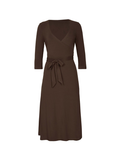 cocoa brown midi wrap dress with a cross over plunge neckline, mid length sleeve, mid thigh/knee length, women's bamboo clothing