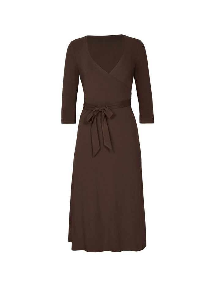 cocoa brown midi wrap dress with a cross over plunge neckline, mid length sleeve, mid thigh/knee length, women's bamboo clothing