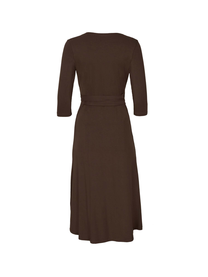 cocoa brown midi wrap dress with a cross over plunge neckline, mid length sleeve, mid thigh/knee length, women's bamboo clothing