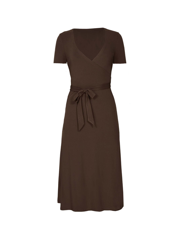 cocoa brown midi wrap dress with a cross over plunge neckline, short sleeve, mid thigh/knee length, women's bamboo clothing