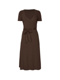 cocoa brown midi wrap dress with a cross over plunge neckline, short sleeve, mid thigh/knee length, women's bamboo clothing