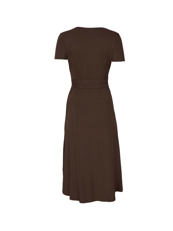 cocoa brown midi wrap dress with a cross over plunge neckline, short sleeve, mid thigh/knee length, women's bamboo clothing