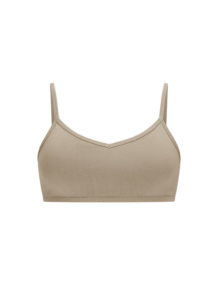 Caramel wireless yoga bra, subtle v front, soft cup braelette with adjustable camisole straps, women's bamboo underwear