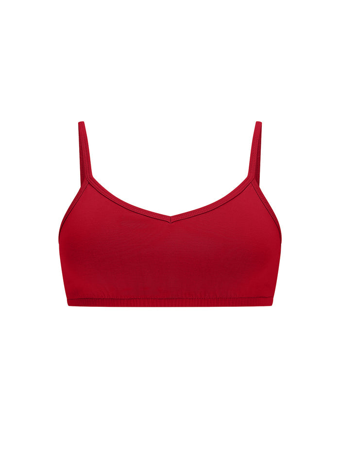chili pepper red wireless yoga bra, subtle v front, soft cup bralette with adjustable camisole straps, women's bamboo underwear