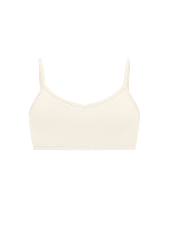 Cream wireless yoga bra, subtle v front, soft cup bralette with adjustable camisole straps, women's bamboo underwear