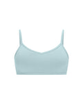 light topaz blue wireless yoga bra, subtle v front, soft cup bralette with adjustable camisole straps, women's bamboo underwear