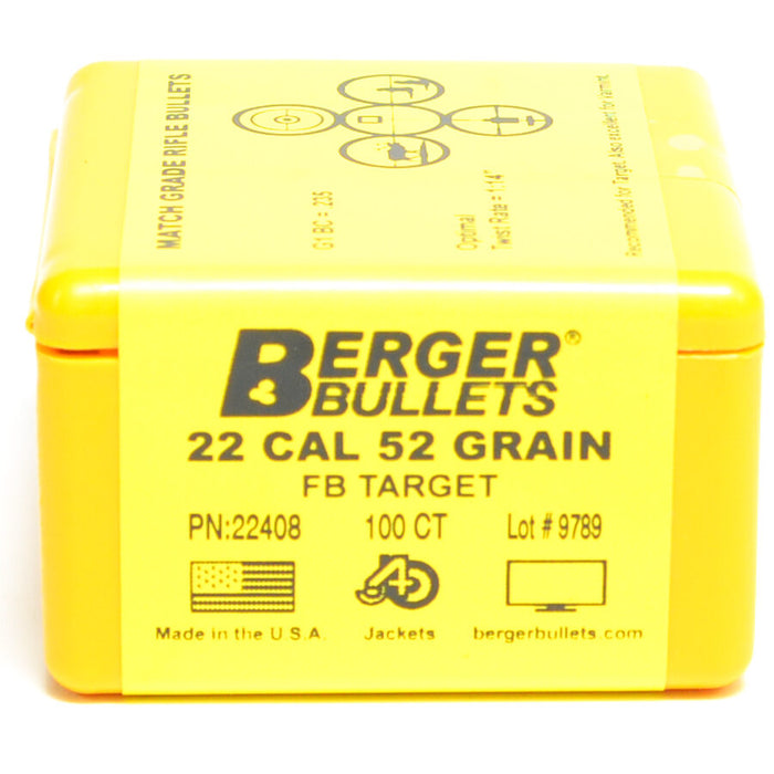 Berger .224 Diameter 52 Grain Hollow Point Flat Base Target Bullets