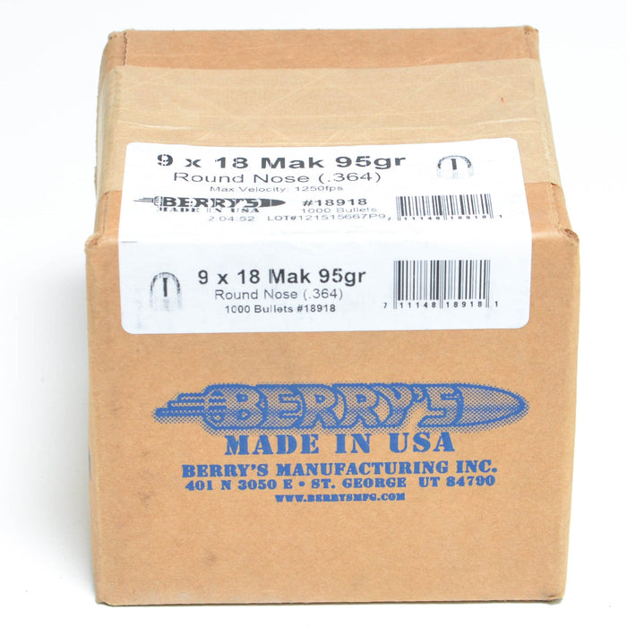 Berry's .364 Diameter 95 Grain Round Nose 1000 Count Bullets (9x18mm (9mm Makarov))