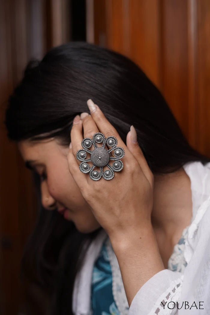 Bhavya Oxidised Free Size, Adjustable Ring