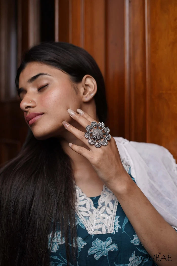 Bhavya Oxidised Free Size, Adjustable Ring