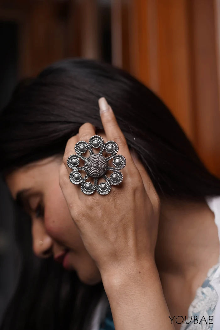 Bhavya Oxidised Free Size, Adjustable Ring