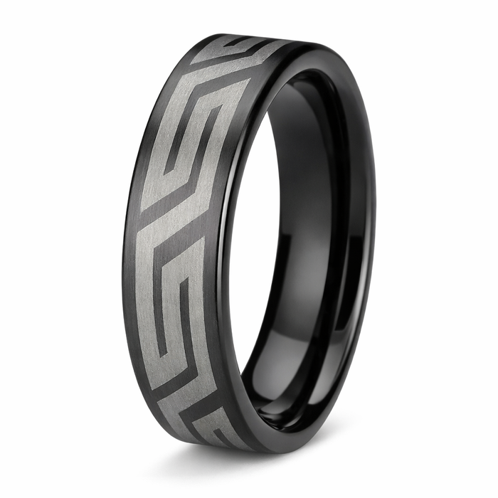 Black Tungsten Ring with Aztec Design -6mm
