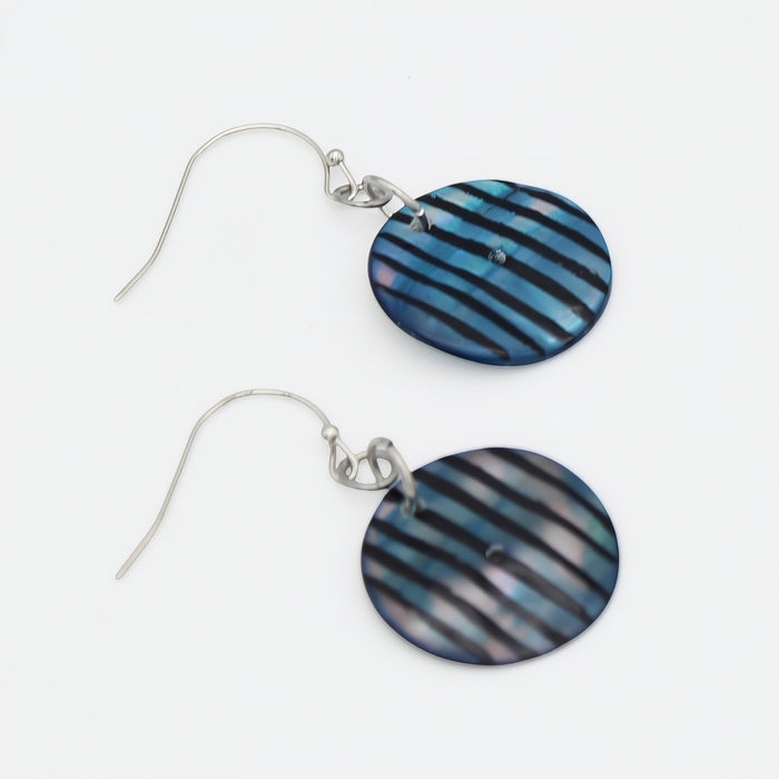 Pair of earrings with blue and black striped design on a white background