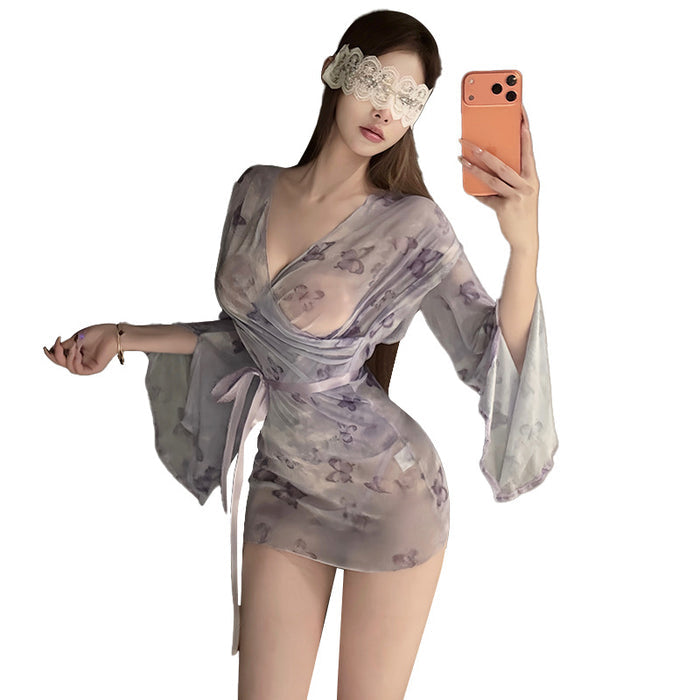 Butterfly print sheer lingerie robe detail