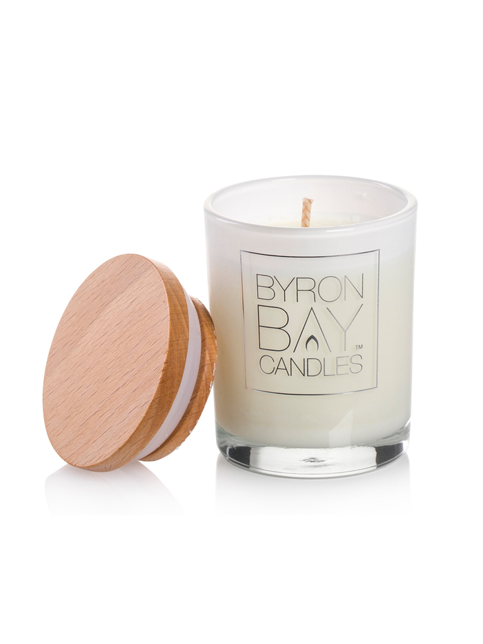 Byron Bay Candles 30 hour candle with wooden lid on a white background