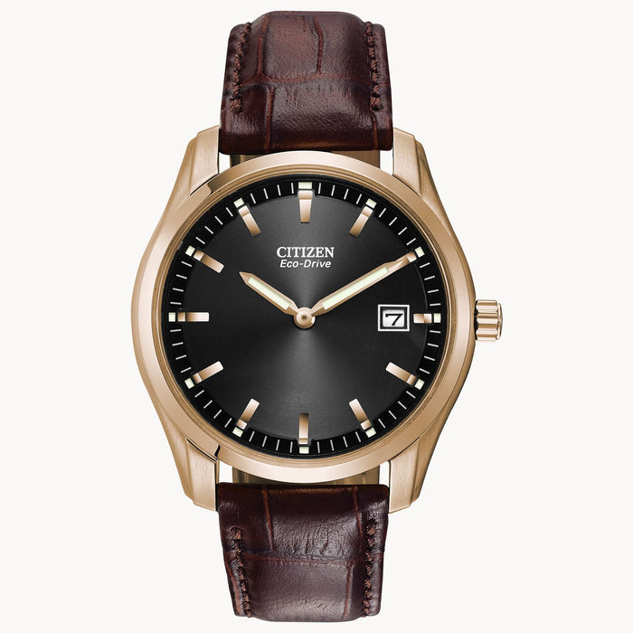 Citizen AU1043-00E Corso – Men’s Eco-Drive Rose Gold Black Dial Brown Leather Strap Watch