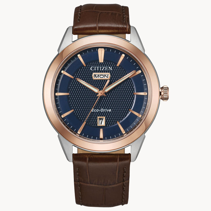Citizen AW0096-06L Rolan Corso – Men’s Eco-Drive Rose Gold Navy Dial Brown Leather Strap Watch