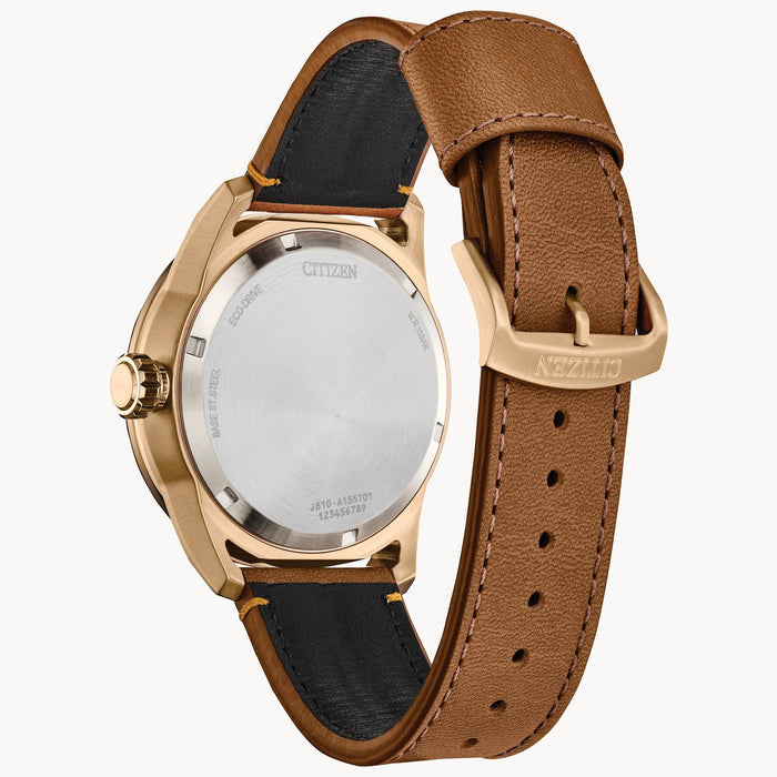 Citizen AW1733-09E Avion Weekender – Men’s Eco-Drive Rose Gold Black Dial Brown Leather Strap Watch