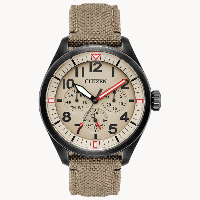 Citizen BU2055-08X Chandler Eco-Drive – Men’s Black Ion-Plated Stainless Steel Beige Dial Khaki Nylon Strap Multifunction Watch
