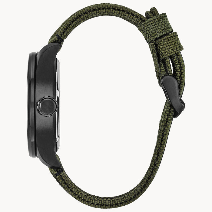 Citizen BU2055-16E Chandler Eco-Drive – Men’s Black Ion-Plated Stainless Steel Black Dial Green Cordura Strap Multifunction Watch