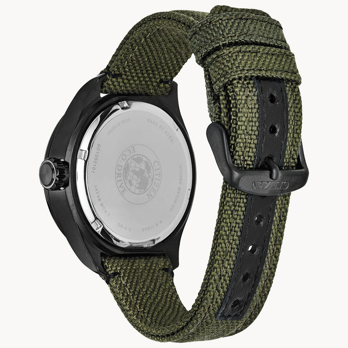 Citizen BU2055-16E Chandler Eco-Drive – Men’s Black Ion-Plated Stainless Steel Black Dial Green Cordura Strap Multifunction Watch