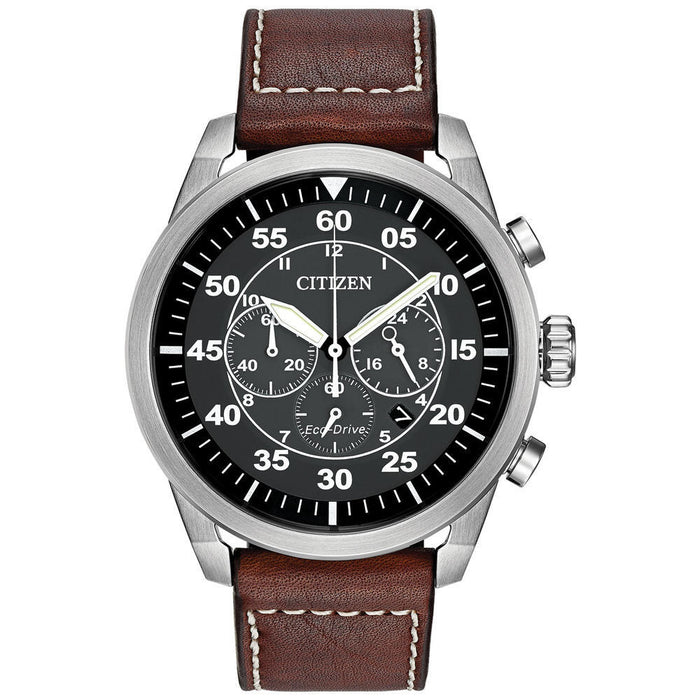 Citizen CA4210-24E Avion Eco-Drive Chronograph – Men’s Stainless Steel Black Dial Brown Leather Strap Vintage Pilot Watch