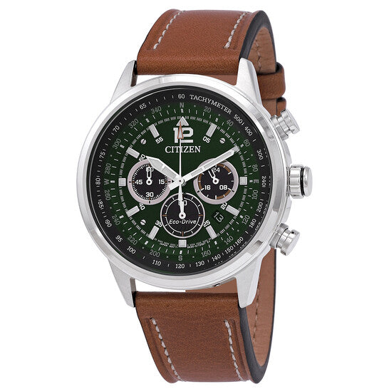 Citizen CA4477-08X Avion Eco-Drive Chronograph – Men’s Stainless Steel Green Dial Brown Leather Strap Pilot Watch