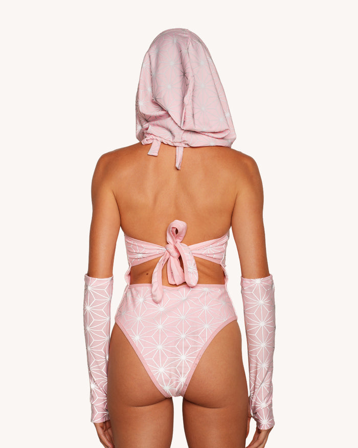 Demon Girl Pink Silver Reflective Bodysuit with Sleeves and Hood Set
