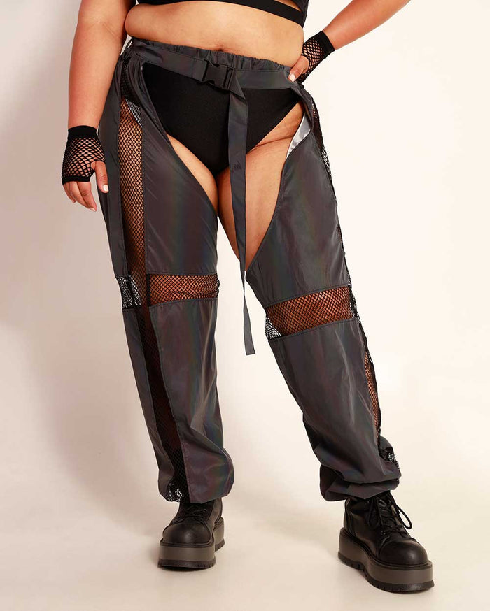 False Alarm Fishnet Rainbow Reflective Chaps-Curve1-Rainbow-Front--Silvia---1X
