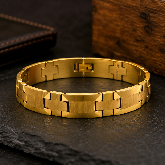 Gold IP Tungsten Carbide Wood Pattern Link Bracelet