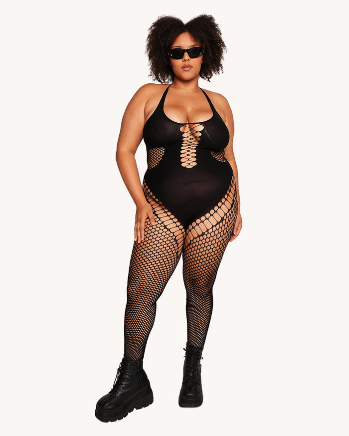 Hard Tech Fishnet Halter Jumpsuit