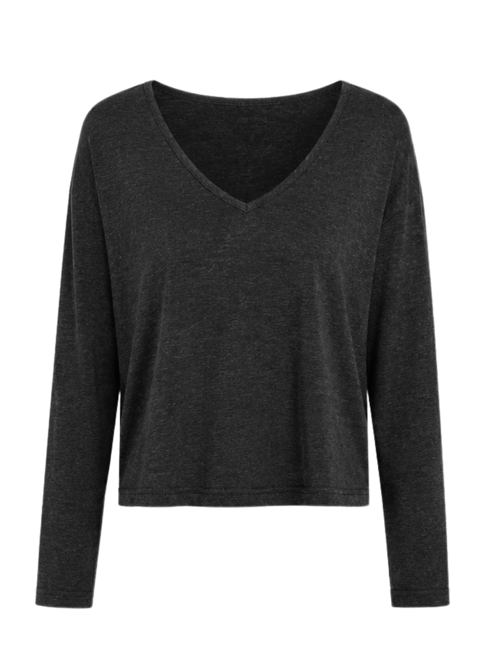 A dark charcoal gray long-sleeve V-neck crop top, displayed on a clean white background.