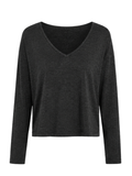A dark charcoal gray long-sleeve V-neck crop top, displayed on a clean white background.
