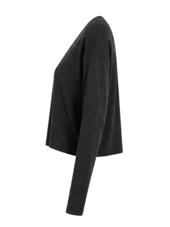 A dark charcoal gray long-sleeve knit top shown from a side profile view against a plain white background.