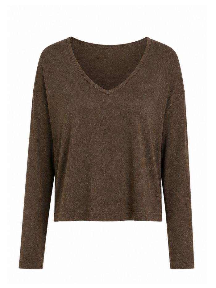 A brown long-sleeve knit top with a wide scoop V-neck, displayed on a clean white background.