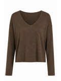 A brown long-sleeve knit top with a wide scoop V-neck, displayed on a clean white background.