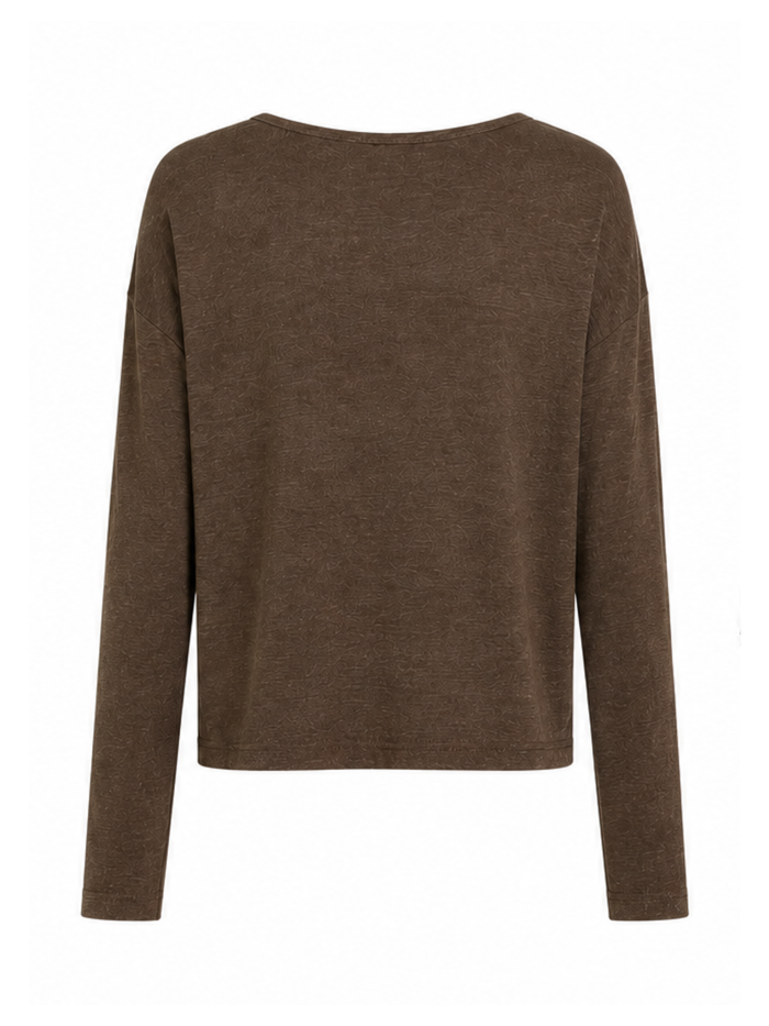 A brown long-sleeve knit top with a wide boat neckline, shown from the back on a plain white background.